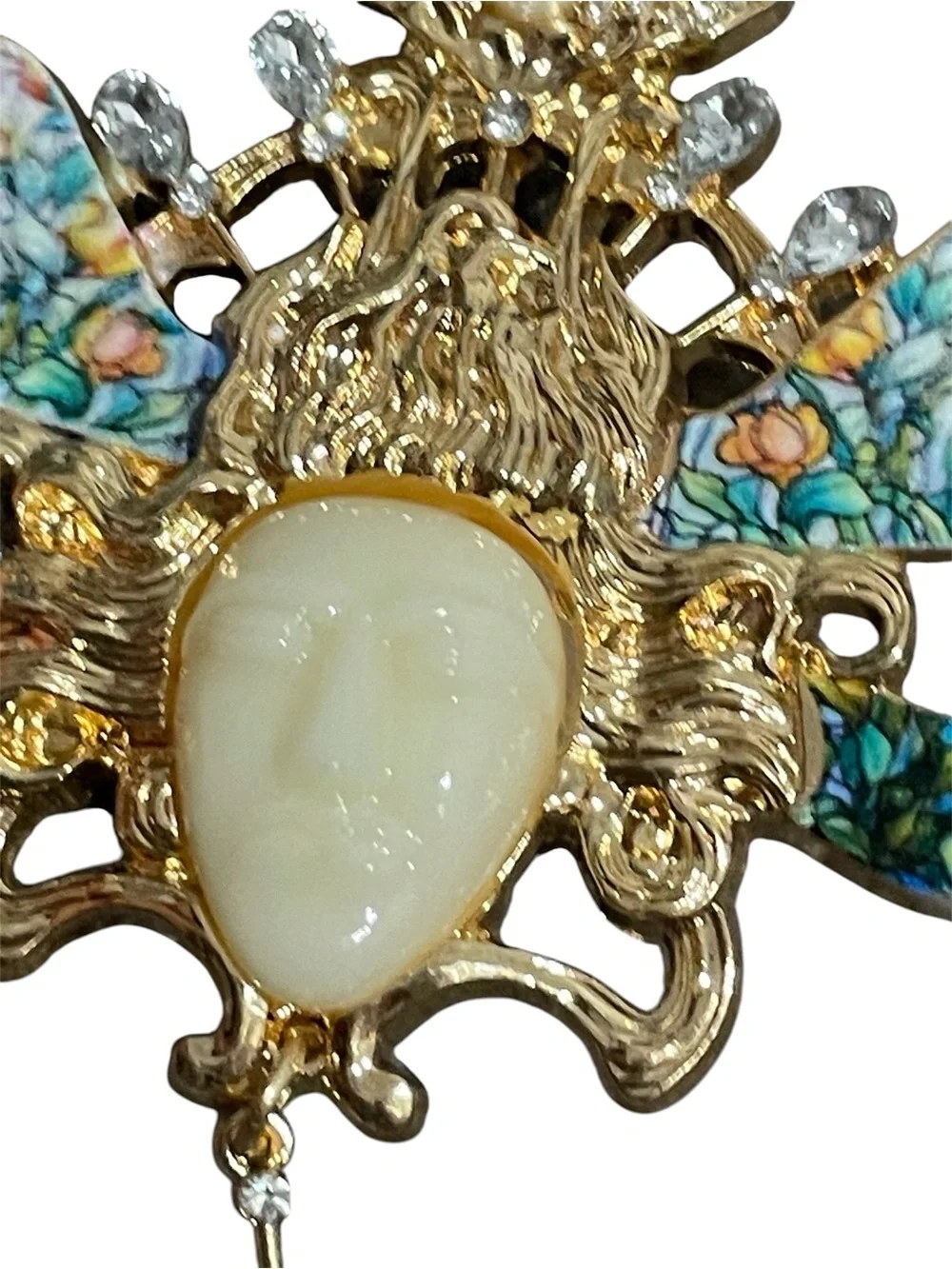 Whimsical Face Brooch with Floral Enamel Wings
